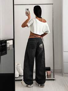 StreetHx 休闲低腰做旧宽松星星刺绣牛仔裤 - 黑色 - 查看 9