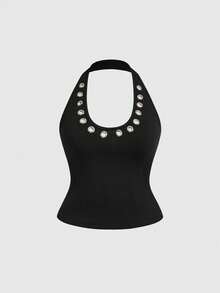 ROMWE Grunge Punk Women's Retro Punk Sexy Halter Neck Tank Top With Metal Grommet Decoration, Versatile Street Style - Black - View 1