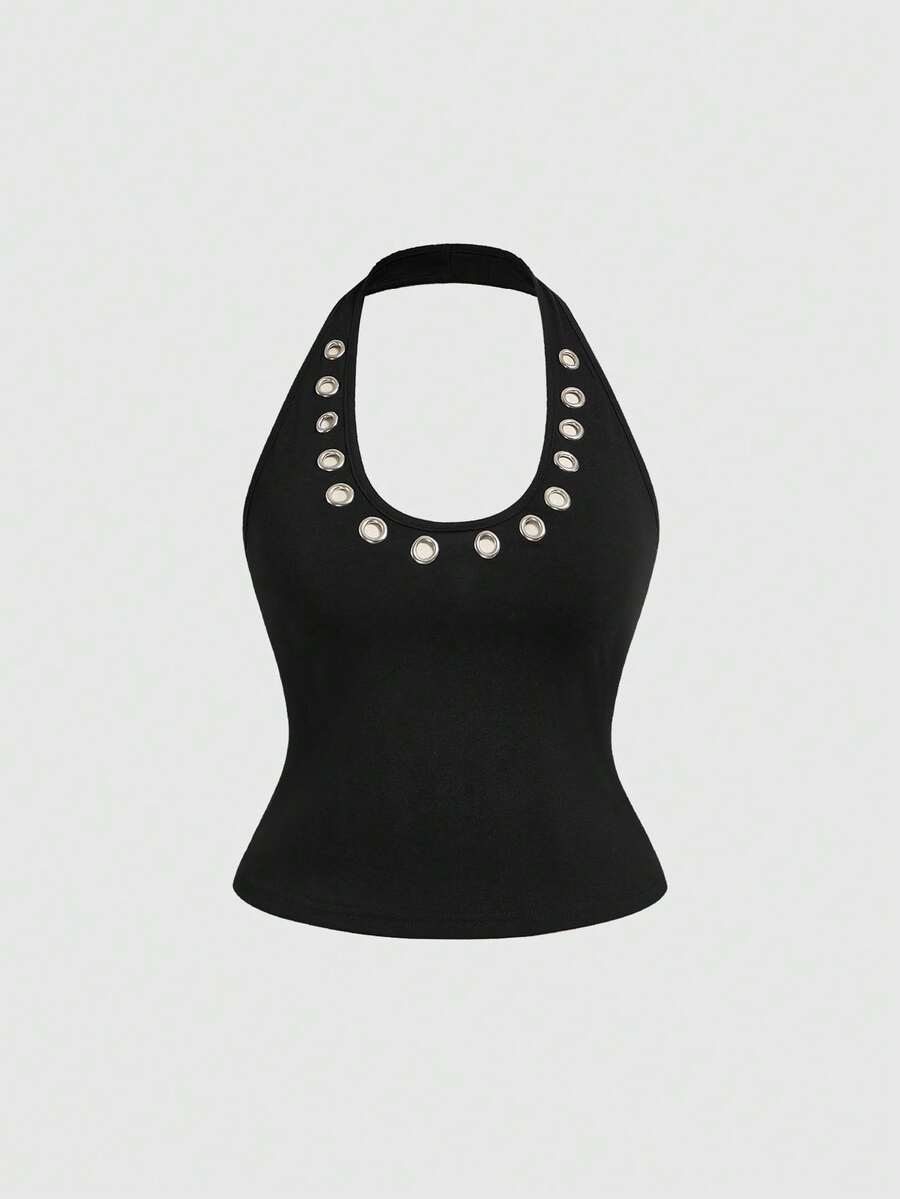 ROMWE Grunge Punk Women's Retro Punk Sexy Halter Neck Tank Top With Metal Grommet Decoration, Versatile Street Style - Black - View 1