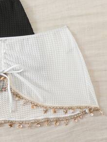 Swim Basics Women's Summer Boho Beach Vacation Holiday Black & White Drawstring Ruched Starfish Shell Tassel Texture Fabric Split Hem Skirt Cover-Up 2-Piece Set - Black and White - View 5