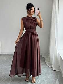 Elenzga Đầm maxi không tay bằng chiffon thanh lịch, thoải mái dành cho nữ, thắt eo, thích hợp cho công sở, kỳ nghỉ, tiệc trà chiều, tiệc tùng, màu trơn, phong cách lãng mạn Pháp Sicilia, năm mới. - màu nâu - Xem 7