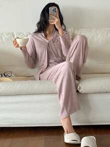 DAZY Relaxed Minimalist Knit Drawstring Collar Women Pajama Set - Purple - View 3