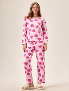 EURMUSE Women Cotton 2 Pcs Heart Pattern Homewear Cute Pajama Set - Pink - View 3