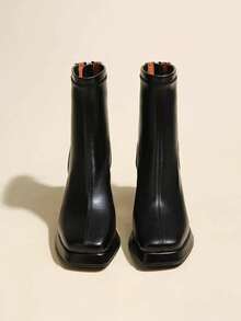 复古女靴，厚底靴，纯色女靴，修身显瘦，方头设计，百搭优雅的休闲风格。 - 黑色 - 查看 5