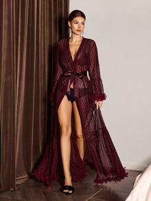 Slumberist 3D Floral Decor Jacquard Mesh Extra Long Women Robe Floor Length Robe Mesh Robe - Maroon - View 8
