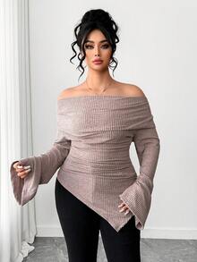 SHEIN Tall CURVE 大码优雅柔软绒毛针织喇叭袖T恤，适合高个女性 - 淺粉色 - 查看 7