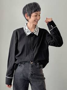 FRIFUL Women's Lace Collar & Cuff Contrast Button Loose Casual Blouse, Versatile For Autumn/Winter - Black - View 3