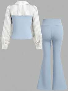 SHEIN 2pcs Tween Girls Crew Neck Contrast Trim Long Sleeve Top And Straight Leg Casual Pants Set, Suitable For Dates, Parties, Back To School, Autumn/Winter - Baby Blue - View 3