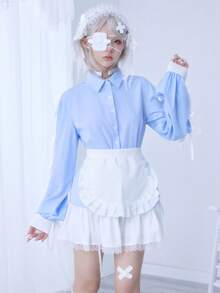 ROMWE EDITION Áo sơ mi dài tay kẻ sọc trang trí nơ dễ thương kiểu Kawaii dành cho nữ - Màu xanh lam - Xem 7