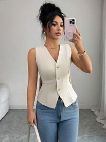 Elenzga 女士纯色蝴蝶结露背V领无袖修身背心，修身显瘦，尽显女性魅力，适合秋冬季穿着，是约会、度假、通勤、情人节、派对等场合的理想之选。 - 杏色 - 查看 3