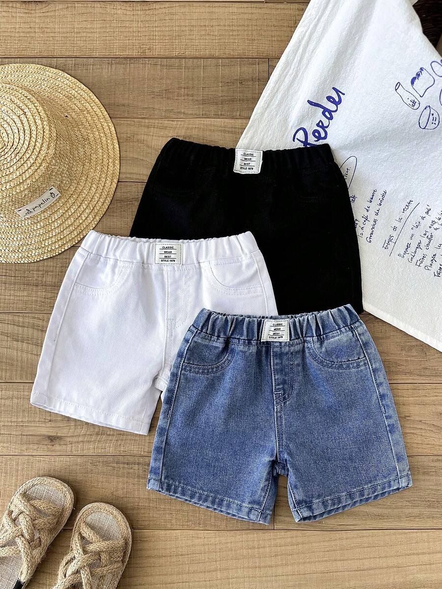 SHEIN LMoss Kids 3件套男婴柔软水洗休闲牛仔短裤套装，蓝/黑/白三色可选，适合春夏穿着，日常穿着、街头风、沙滩装、生日装、休闲牛仔裤、度假装，印花牛仔裤，三件套，2岁宝宝三件套，夏季三件套 - 彩色 - 查看 1