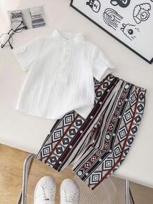 SHEIN 2件套男婴休闲学院风灰色立领衬衫和条纹松紧腰裤套装，适合生日派对、晚宴、演出、婚礼、迎婴派对、一周岁生日庆祝等场合。 - 彩色 - 查看 2