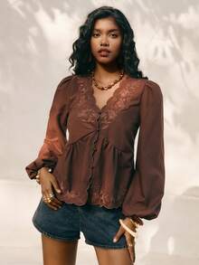 Poéselle 女士花卉刺绣灯笼袖纽扣设计时尚衬衫，优雅棕色刺绣长袖衬衫 - 春夏荷叶边花卉上衣，法式衬衫，棕色衬衫，咖啡棕色上衣，深棕色上衣，巧克力棕色上衣 - 棕色 - 查看 6