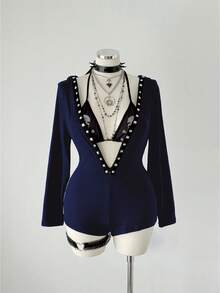 Sunspun Fashionable Punk Rivet Webbing Hooded Long Sleeve Mini Crop Jumpsuit - Navy Blue - View 7