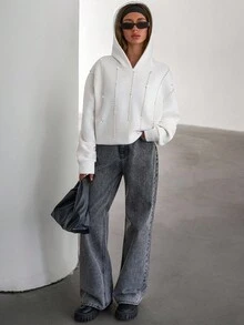 SHEIN Sudadera con capucha de forro polar con decoración de perlas falsas y rhinestones, unicolor, para uso diario y casual de mujer, otoño/invierno - Blanco - Ver 4