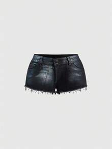 ROMWE Grunge Punk Shorts vaqueros mini de tiro bajo desgastados con estampado metálico, estilo Y2K - Negro - Ver 1