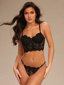 Enchnt Elegant Black Lace Three-Piece Lingerie Set With Sheer Floral Details Lace Bra Set Black Lace Lingerie Set Floral Lace Lingerie Set - Black - View 1