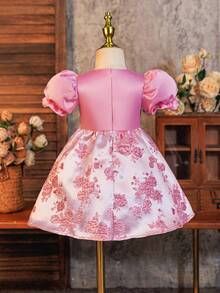 Glamorique Kids 优雅生日派对泡泡袖缎面连衣裙，提花裙摆，女婴万圣节服装 - 粉色 - 查看 2