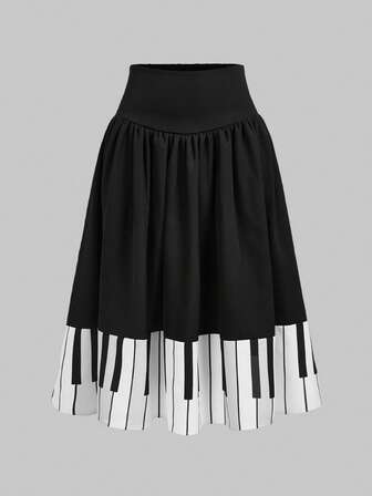 Goth Falda acampanada con estampado de teclas de piano gótico para mujer