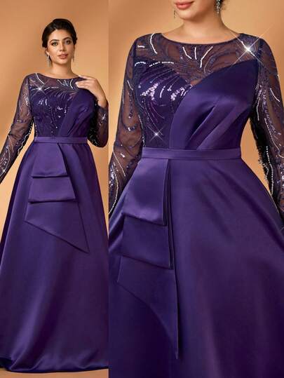 Serin 大码优雅奢华深紫色亮片刺绣缎面拼接不规则下摆蝴蝶结装饰A字长袖连衣裙，适合晚宴、婚礼宾客、新娘母亲、鸡尾酒会、度假等场合。