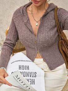 Cévolie Women's Raglan Sleeve Zip-Up Casual Cable Knit Hooded Cardigan - Coffee Brown - View 6