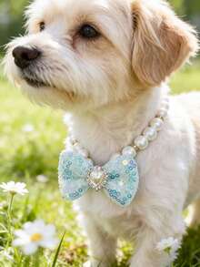 PETSIN 1 Piece Pet Bowknot Pearl Necklace; Adjustable Neck Circumference; Cat Necklace; Dog Necklace; Pet Accessories; Pet Supplies