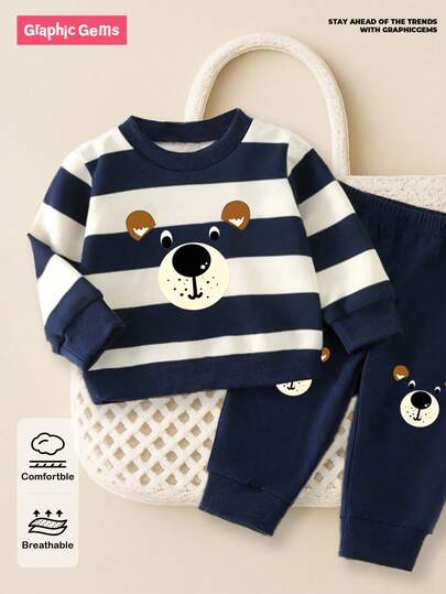 GraphicGems Conjunto de 2 peças para bebê menino, estilo casual e moderno, incluindo moletom listrado com estampa de urso e calça de moletom combinando. Confortável e versátil para outono, inverno e primavera.