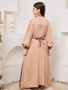SHEIN 少女米色條紋不對稱拼接洋裝，秋季端莊婚禮賓客少女長袍 Abaya Thobes - 彩色 - 查看 9