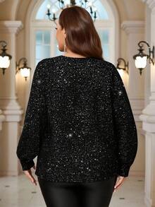 EMERY ROSE Blus Elegan Berkilau Lengan Lentera Leher V untuk Wanita Ukuran Besar, Cocok untuk Musim Semi - Hitam - View 2