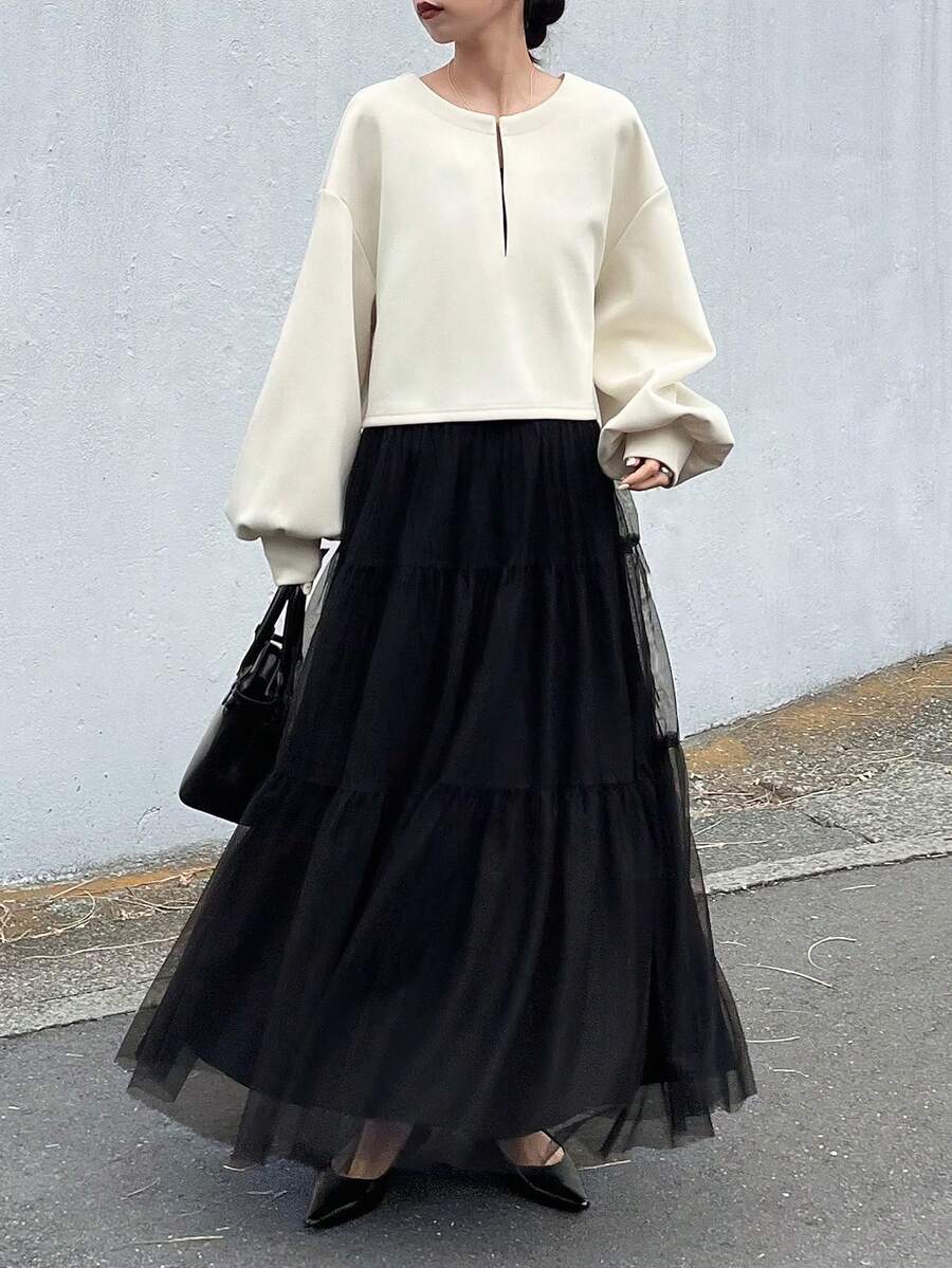 FRIFUL Bộ 2 váy xếp tầng bằng vải lưới phối màu tương phản dành cho nữ. - màu đen - Xem 1