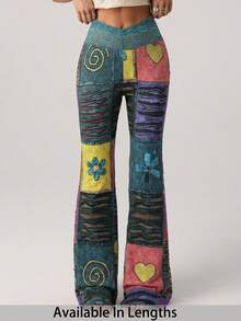 SHEIN Tall CURVE Plus Size Women's Fashionable Retro Contrast Color Block Print Flare Pants - Multicolor - View 1