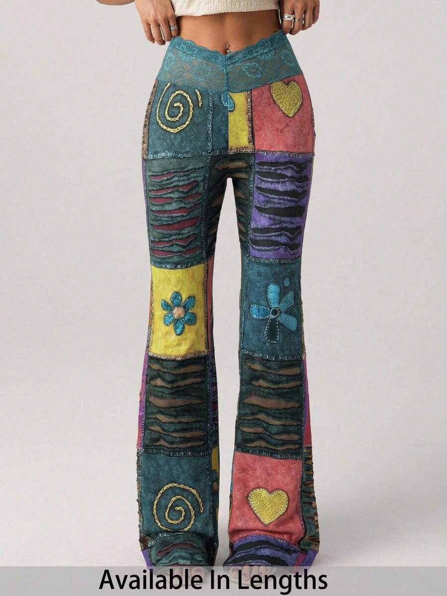 SHEIN Tall CURVE Plus Size Women's Fashionable Retro Contrast Color Block Print Flare Pants - Multicolor - View 1