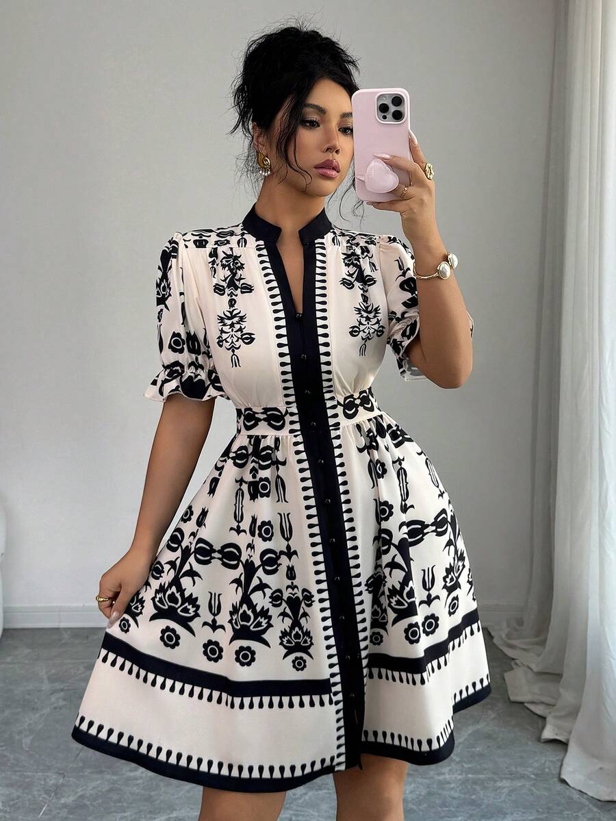 Elenzga New Arrival Spring/Summer Women's Casual Elegant Floral Print V-Neck Waist Fit And Flare Dress Tea Dress French Style Dress Pattern Dress - Multicolor - View 1