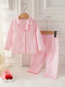 Baby Girl Button-Front Long Sleeve Shirt And Pants Loungewear Set, Casual Comfortable Sleepwear, Suitable For Cute And Sweet Little Girls - Pink - View 5