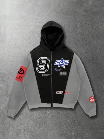 Men's Contrast Color Patchwork Letter Print Hoodie Sweatshirt