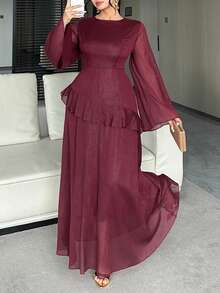 Dazy Plus Valentine Shiny Patchwork Ruffle Hem Maxi Party Dress, Wine Red, Spring/Summer - Burgundy - View 2