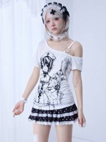 ROMWE Anime Millennium Cartoon Vine Cross Strap Short Sleeve Elastic Ruched Women T-Shirt - White - View 5
