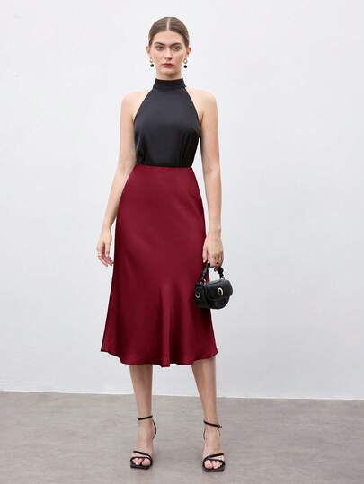 BizChic Nueva llegada Falda de satén burdeos en línea A, elegante vestimenta de oficina para mujeres, primavera/verano