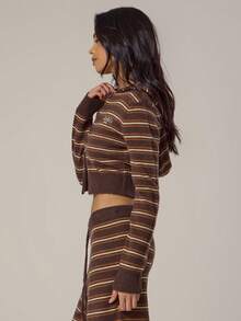 MUSERA 条纹针织短款拉链连帽上衣，春季少女风，日常穿搭，可爱休闲，甜豌豆春季款 - 彩色 - 查看 3