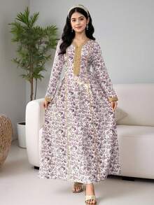 SHEIN Elegant Floral Print Long Sleeve Solid Color Comfortable Dress With Golden Waist Belt For Teen Girls, Suitable For Casual & Holiday Wear Purple Floral Dress Floral Purple Dresses Long Sleeve Floral Dress - Purple - View 2