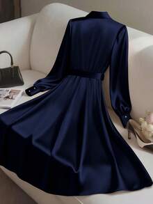 Franclia Women's Elegant Deep V-Neck Bowknot Midi Dress Navy Blue Elegant Dress Royal Blue Elegant Dress Women Long Sleeve Elegant Dress Silk Dresses Satin Dress Elegant - Navy Blue - View 2