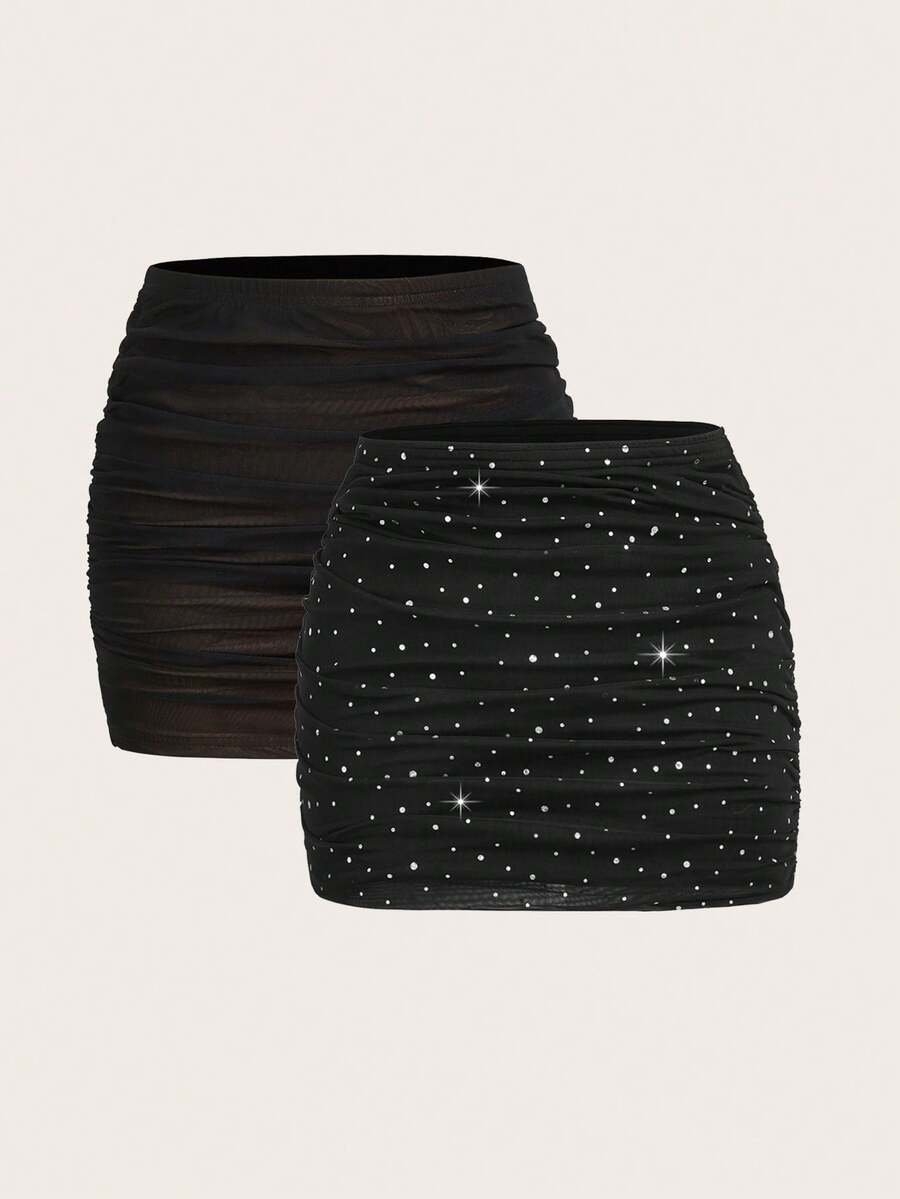 SHEIN EZwear Chân váy mini ôm sát màu đen xếp ly bằng lưới dành cho nữ. - màu đen - Xem 1