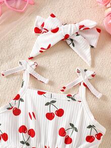 Souflis Souflis Baby Girl Spaghetti Strap Ribbed Cherry Print Casual Summer Ruffle Romper, 2pcs Newborn Baby Girls Cherry Print Romper & Headband Set Cherry Print Girl Outfit Baby Girls Dresses Baby Romper Dress Cherry Romper 0-9M Toddler Cherry Baby Outfit Cherry Romper Baby Girls Valentines Outfit Baby Girl Outfit - White - View 3