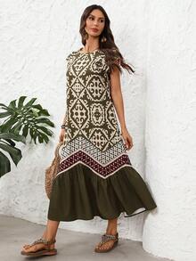 EMERY ROSE Women's Round Neck Geometric Print Casual Party Dress With Cap Sleeves Casual Dresses For Women Boho  Vacation Dresses - Dark Green - View 3