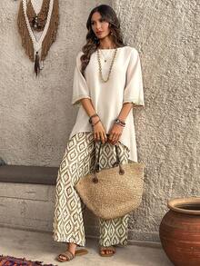 EMERY ROSE Women's Vacation Solid Color 3/4 Sleeve Top And Geometric Print Wide Leg Pants Casual 2 Pieces Set Blouse And Pants Set Two Piece Set Women Ladies Casual Sets 2 Piece Linen Sets Woman Vacation Outfits Women Casual Women's Dresses  Casual Women's Dresses - Khaki - View 8