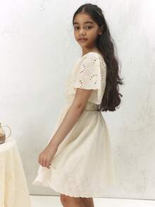 SUMWON Tween Off Shoulder Broderie Anglaise Smocked Waist Mini Dress With Ruffle Flutter Sleeves , Spring Summer Occasions, Casual And Vacation - White - View 5