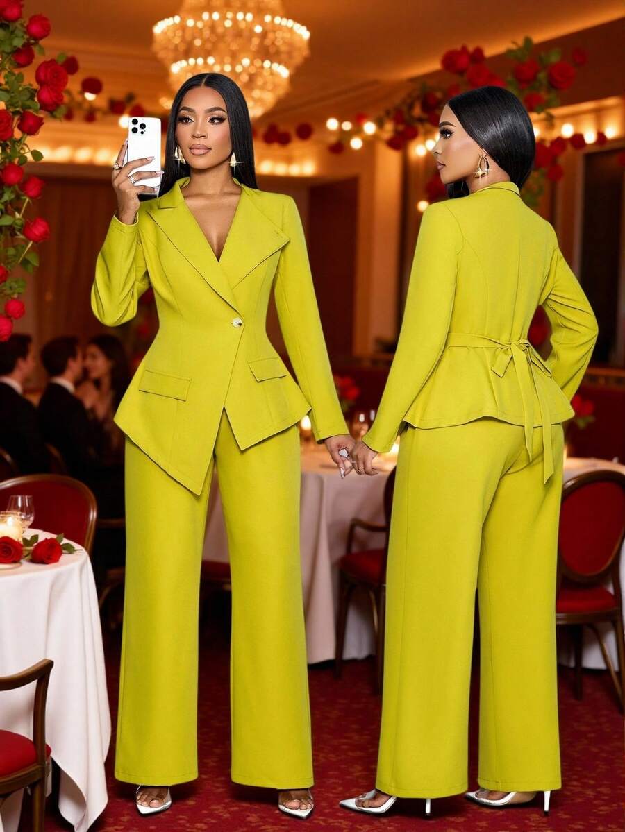 SOLERSUN 女士性感优雅不对称翻领收腰不对称下摆西装外套搭配阔腿裤，时尚通勤女装，适合度假、约会、独立日、教师节等场合。 - 綠色 - 查看 1