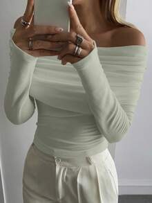 DAZY Camiseta ajustada de hombros descubiertos para mujer, nueva llegada de otoño/invierno - verde menta - Ver 5