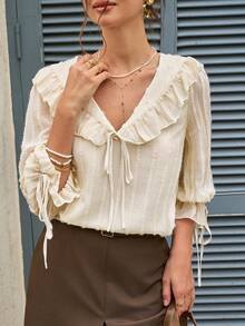 EMERY ROSE Women's Spring/Summer New Romantic Ruffle V-Neck 3/4 Sleeve Loose Blouse - Apricot - View 4