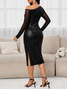 SHEIN Lady Women's Sexy Party Banquet Crocodile Print PU Leather Patchwork Sheer Mesh Asymmetric Neck Split Hem Bodycon Dress - Black - View 2